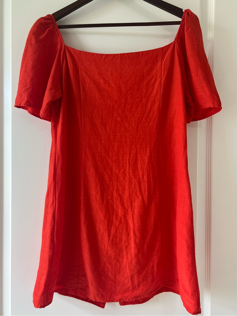 Zara Red Linen Button Mini Dress Sweetheart Neck Short Sleeve Puff Womens Large - Picture 3 of 7
